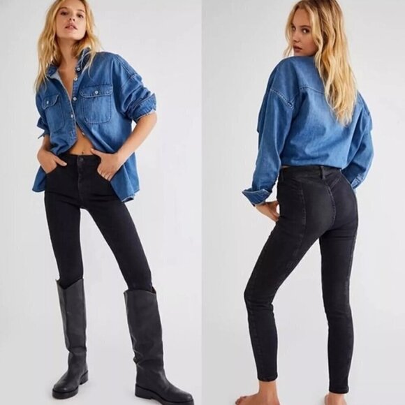 Free People We the Free True Black Riley Seamed Skinny Jeans Size 26 - Picture 1 of 8